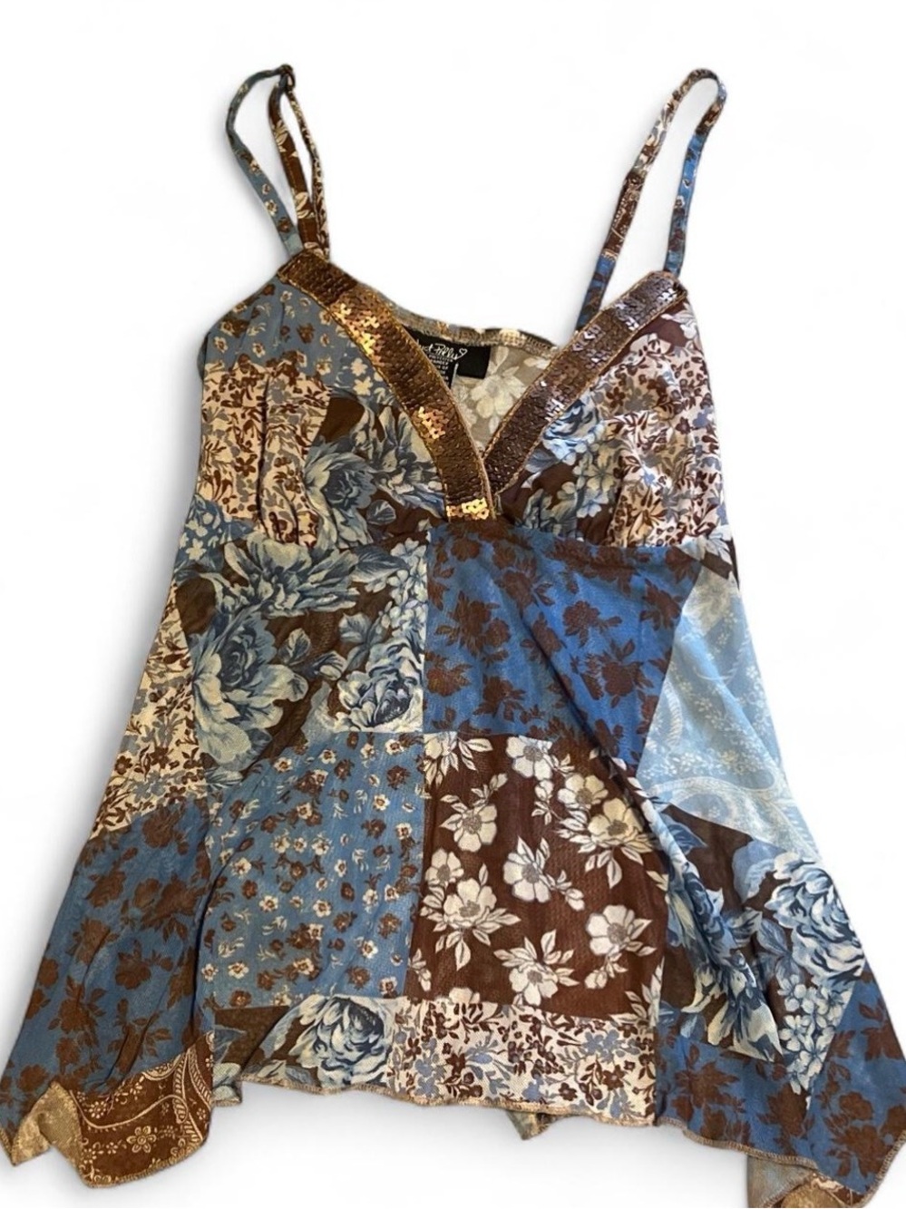 Patchwork Floral Sequin-Trim Cami in Blue and Brown